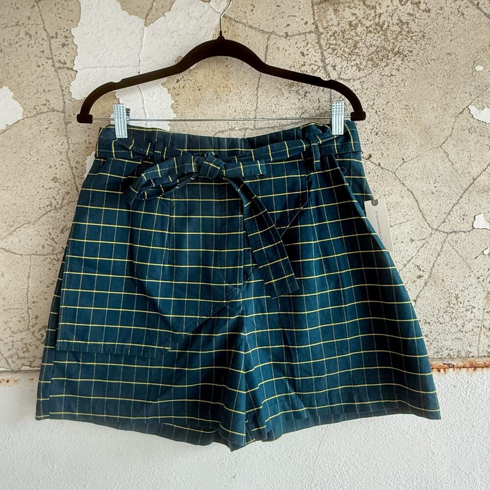 Anthropologie Grid Plaid Belted High‎ Rise Shorts Turquoise Yellow S Current Air